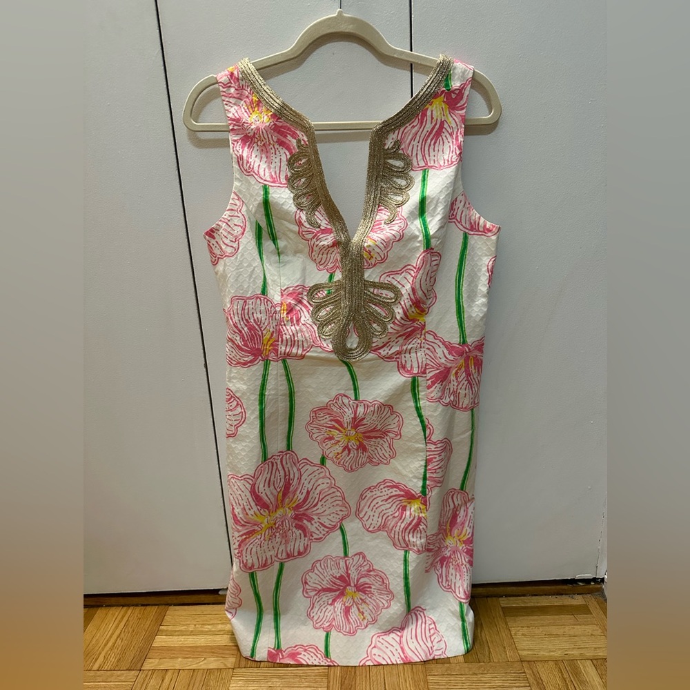 Lilly Pulitzer Janice shift Dress Clover cup Gold soutache Hawaiian size 10